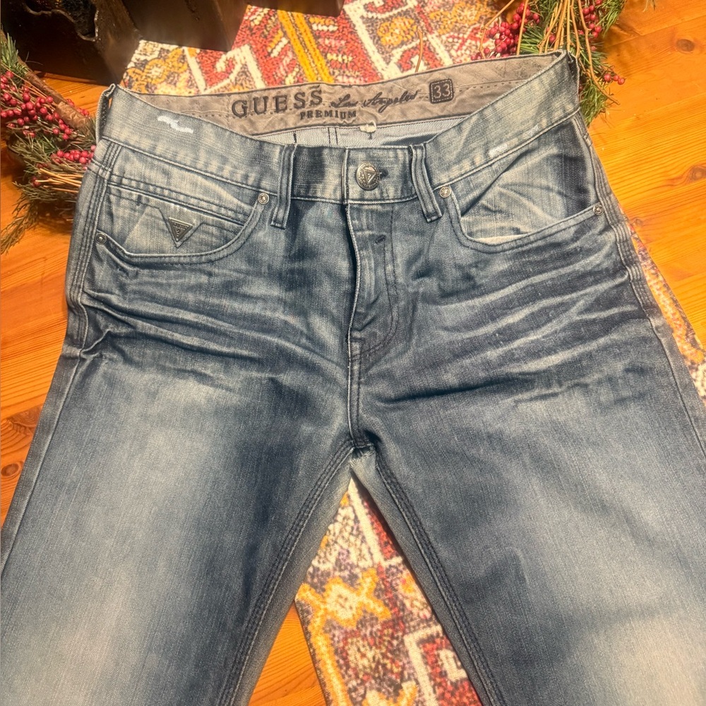 GUESS Premium Straight Leg Jeans in Washed Blue